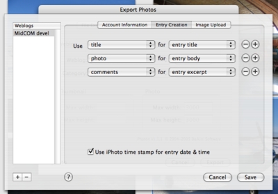 Weblog entry creation settings in iPhoto